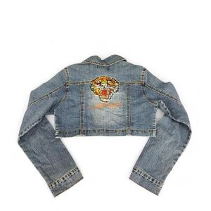 Y2K Ed Hardy crop top denim Jean jacket tattoo grunge goth indie